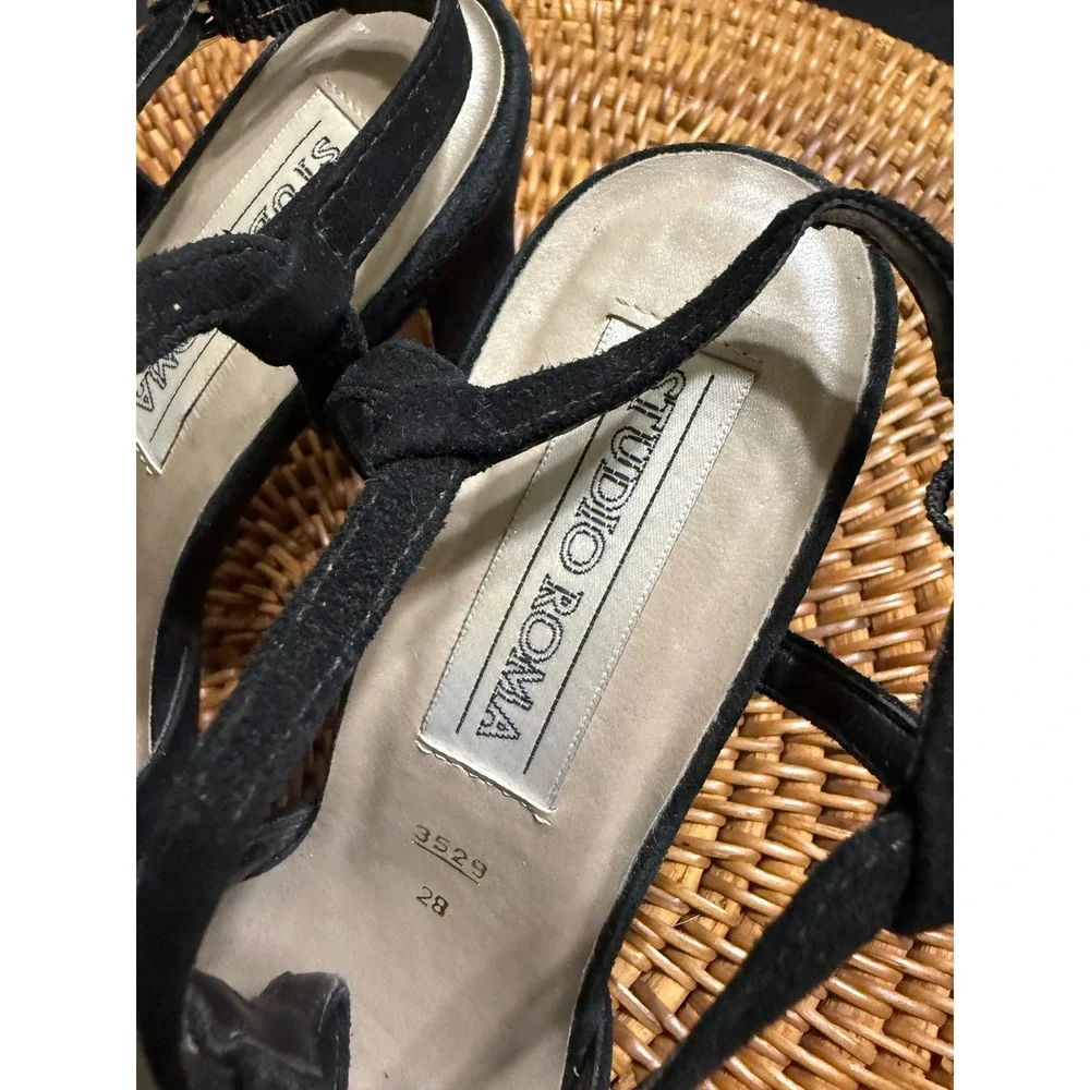 Studio Roma Black Suede Slingback Pumps T-Strap Block Heel Brazil Size 6.5 36